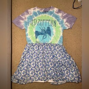 Led Zeppelin 🎶🤘 Tie-Dye Purple Blue green Band T-shirt dress handmade hand-sewn